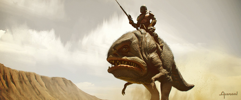 The Mandalorian riding his steed.